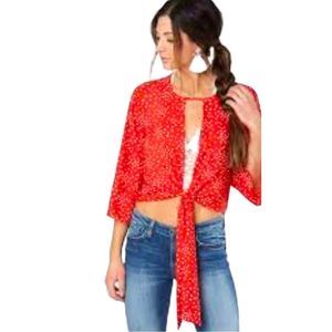 Red BKE Polkadot Printed Front Tie Chiffon Top Medium